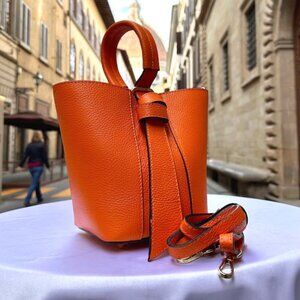 Orange Leather Bucket Bag w/ Small Leather Pouch and crossbody strap